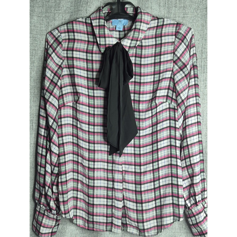 CeCe Small Semi Sheer Plaid Career Blouse Top Long Blouson Sleeve Bow Tie Front